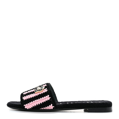 Chanel Crochet Striped Enamel Camellia Mules Sandals 36.5 Pink Black 1 of 10