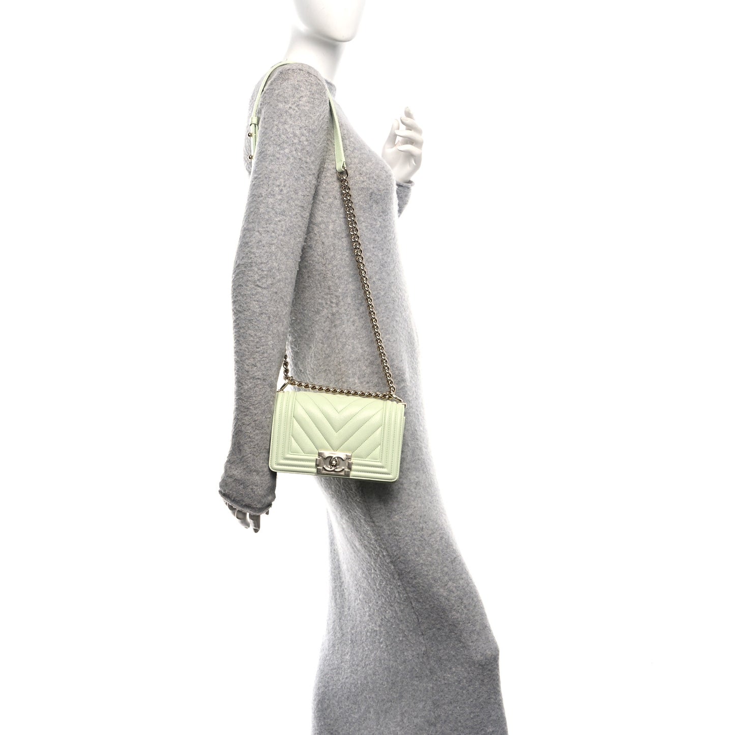 Caviar Chevron Quilted Small Boy Flap Light Green