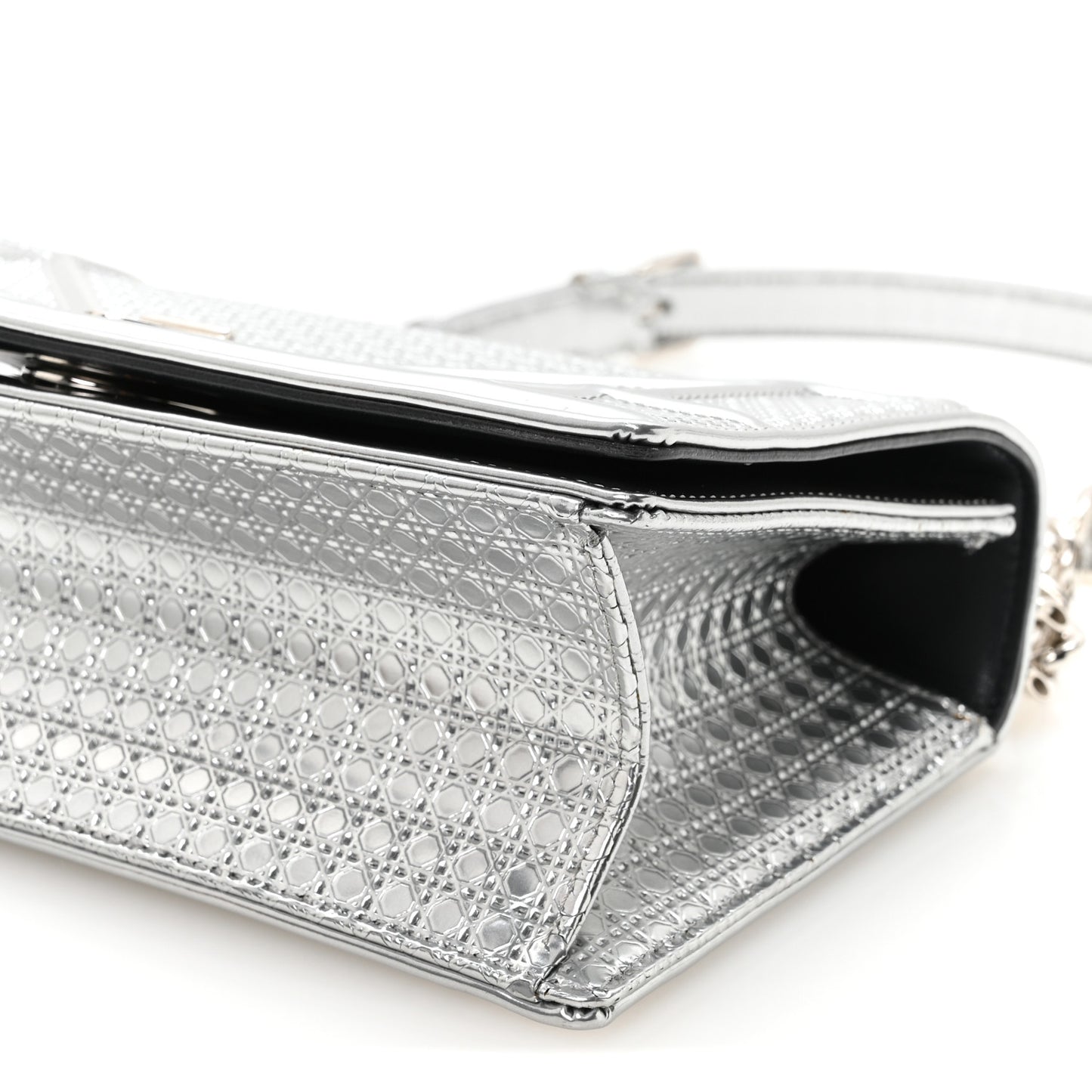 Metallic Patent Micro-Cannage Small Diorama Flap Bag Silver