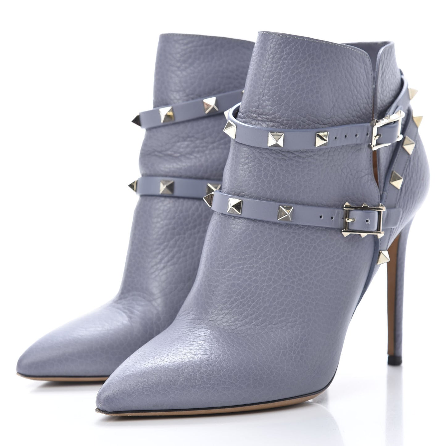 Grained Calfskin Rockstud Double Buckle 100mm Ankle Boots 39 Light Stone