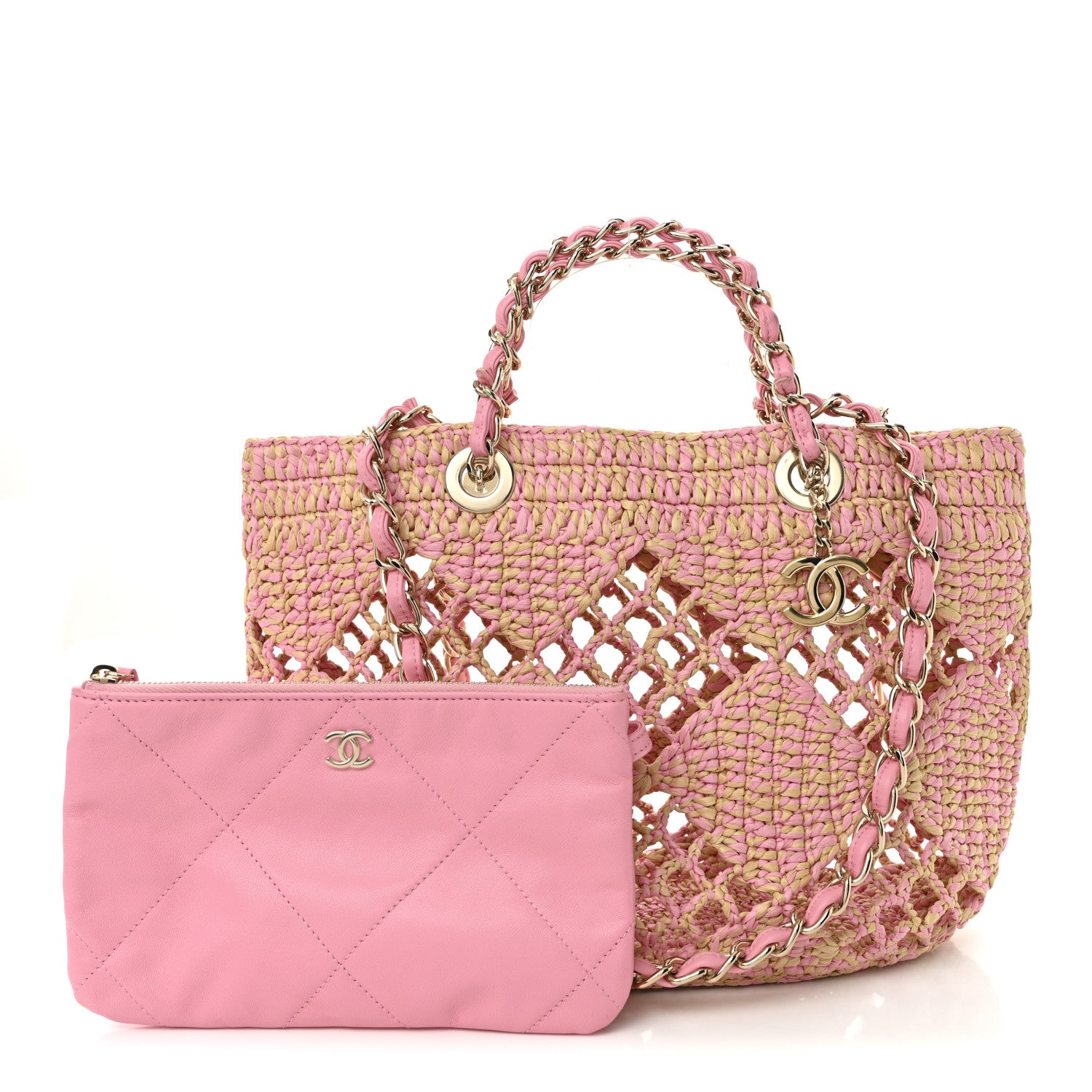 Chanel Raffia Effect Braided Small Shopping Bag Beige Pink 3 of 12