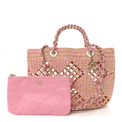 Chanel Raffia Effect Braided Small Shopping Bag Beige Pink 3 of 12