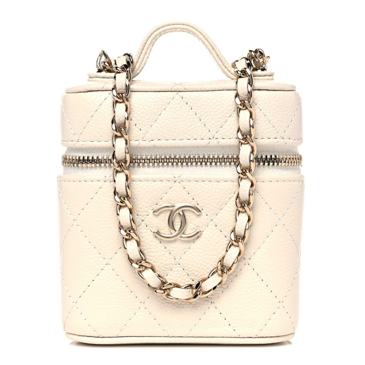 Caviar Quilted Small Handle With Care Vanity Case With Chain White