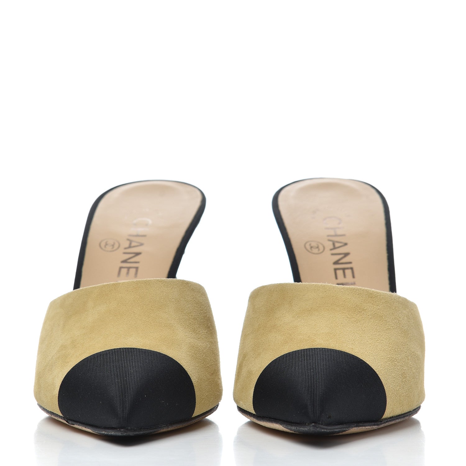 Chanel Suede Grosgrain Cap Toe Snake Pearl Mule 37.5 Beige Black 2 of 14