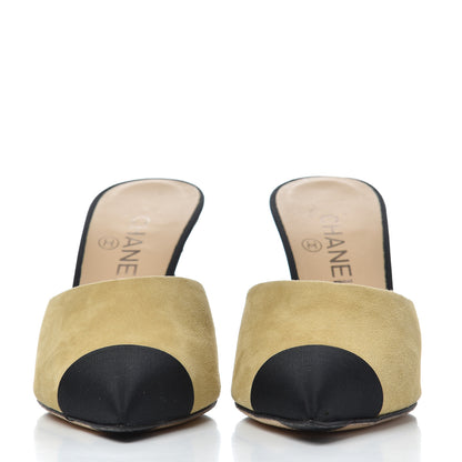 Chanel Suede Grosgrain Cap Toe Snake Pearl Mule 37.5 Beige Black 2 of 14