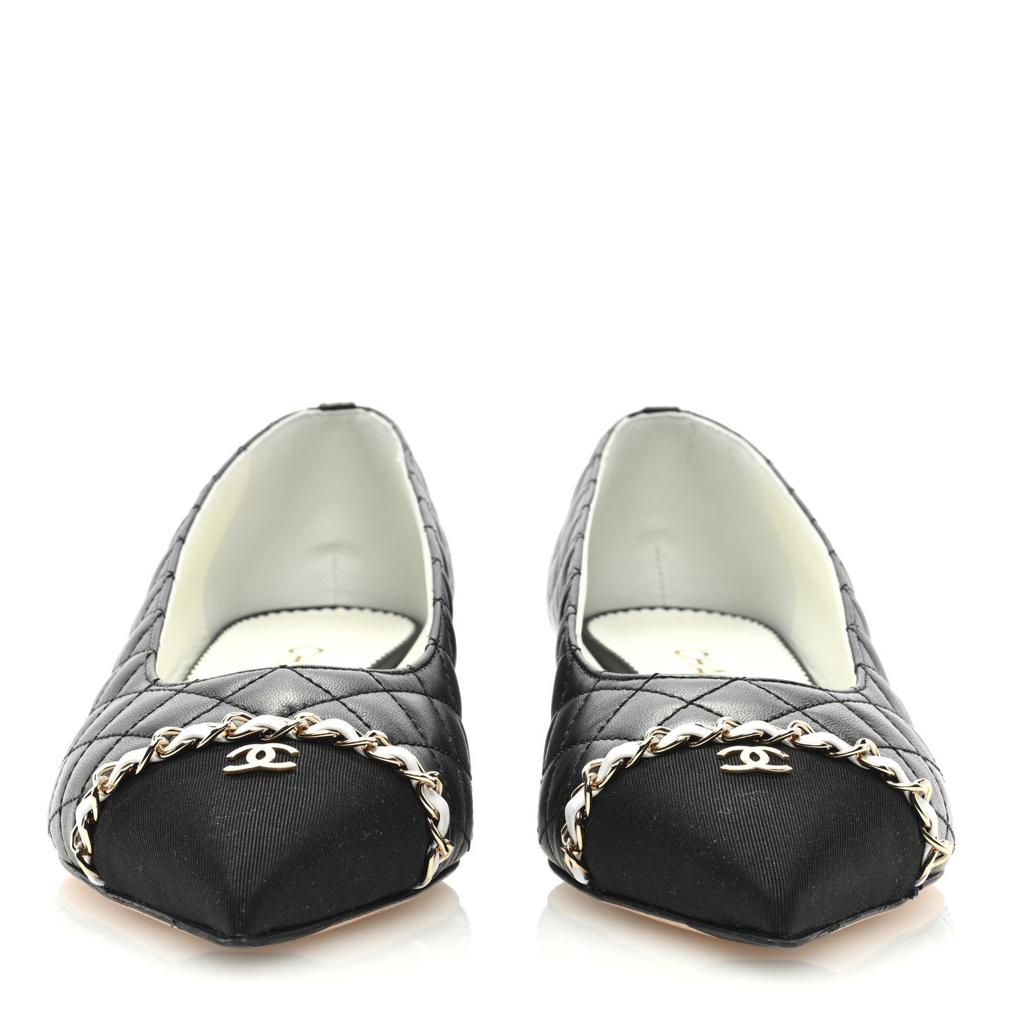 Lambskin Grosgrain Metal Quilted Chain Cap Toe CC Pumps 40 Black