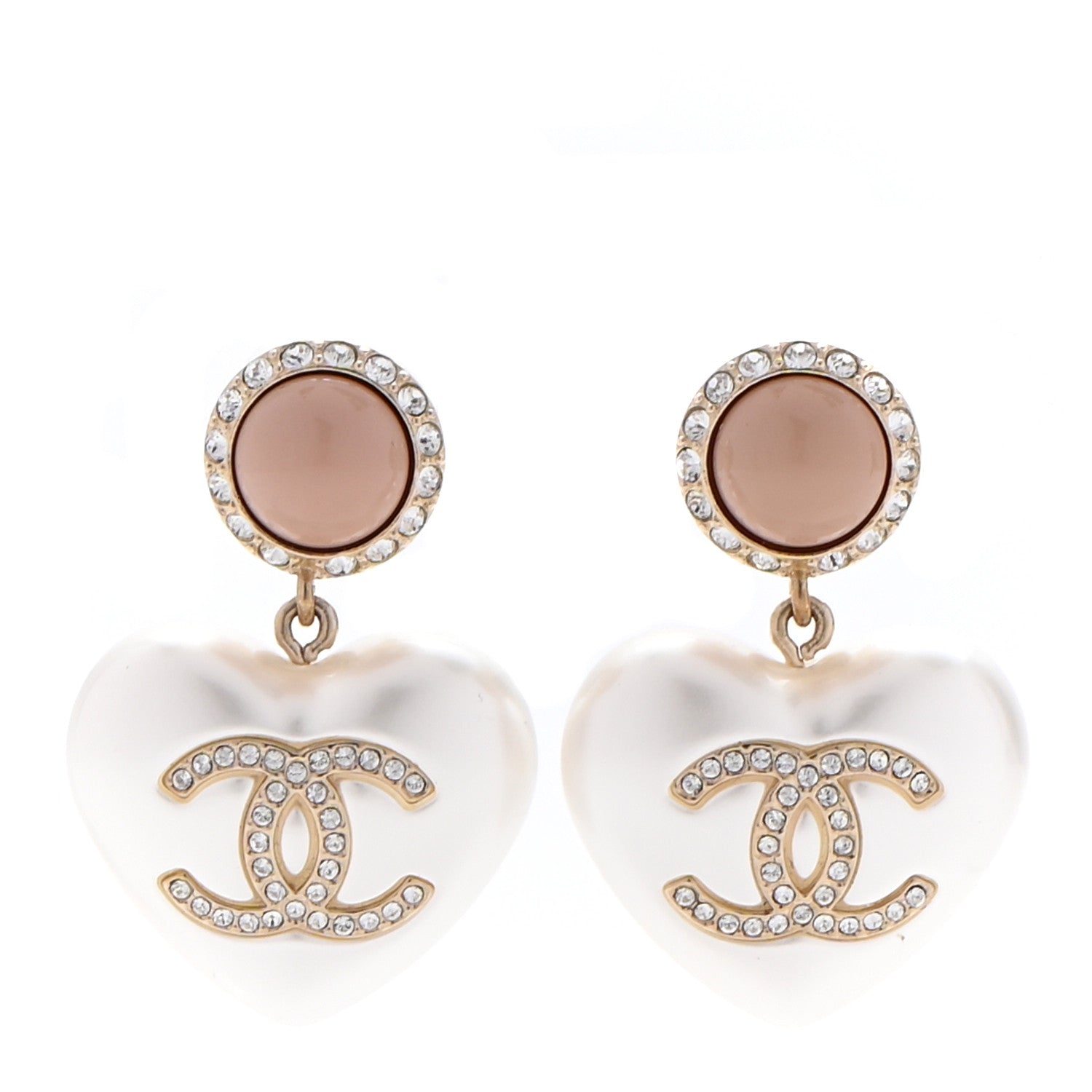 Chanel Pearl Resin Crystal CC Heart Drop Earrings Pink Gold 1 of 4
