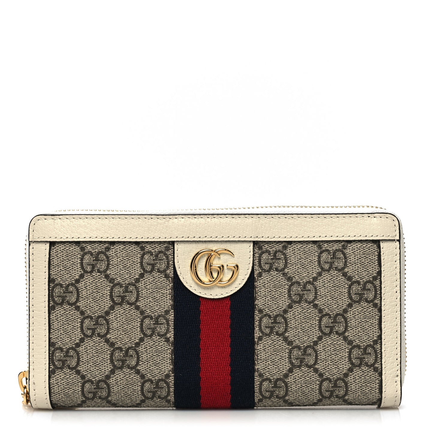 GG Supreme Monogram Textured Dollar Calfskin Web Ophidia Zip Around Wallet Beige Ebony Mystic White