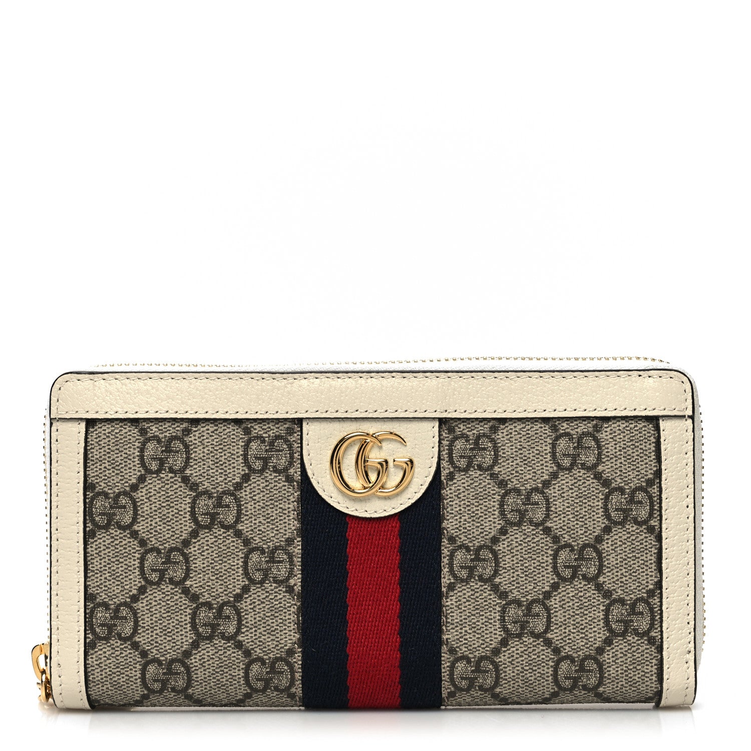 Gucci GG Supreme Monogram Textured Dollar Calfskin Web Ophidia Zip Around Wallet Beige Ebony Mystic White 1 of 10