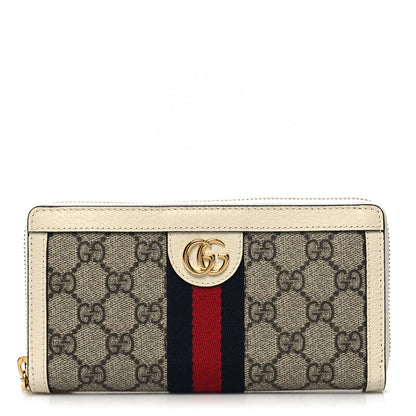 Gucci GG Supreme Monogram Textured Dollar Calfskin Web Ophidia Zip Around Wallet Beige Ebony Mystic White 1 of 10