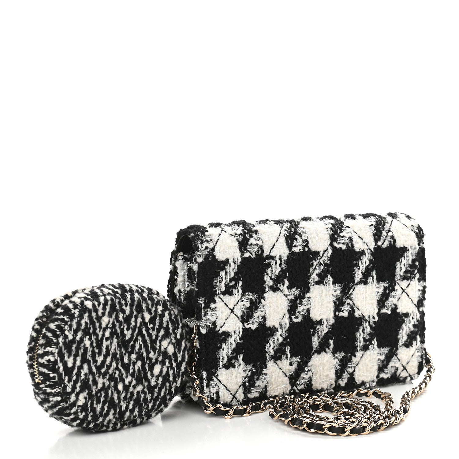 Chanel Tweed Shearling Quilted Chanel Wallet On Chain WOC and Coin Purse White Black 3 of 10
