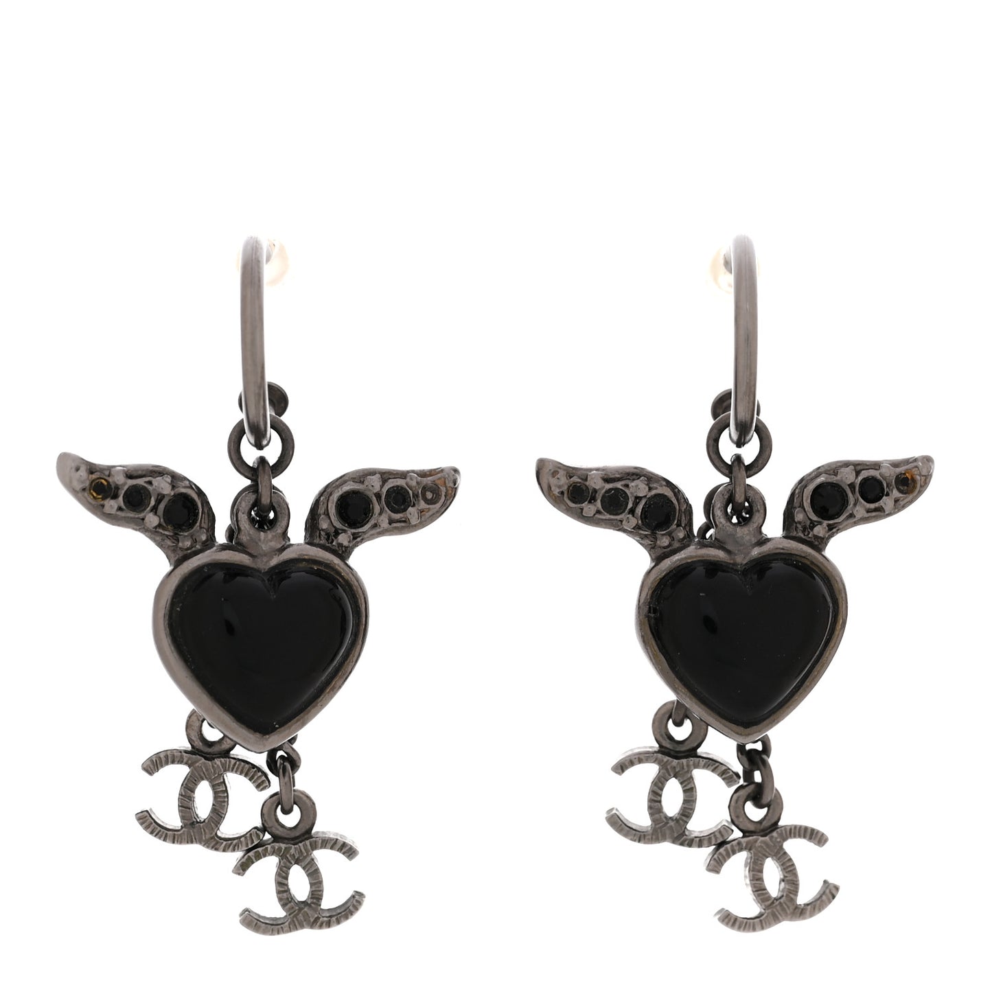 Enamel Crystal Heart Wing CC Drop Earrings Black Silver