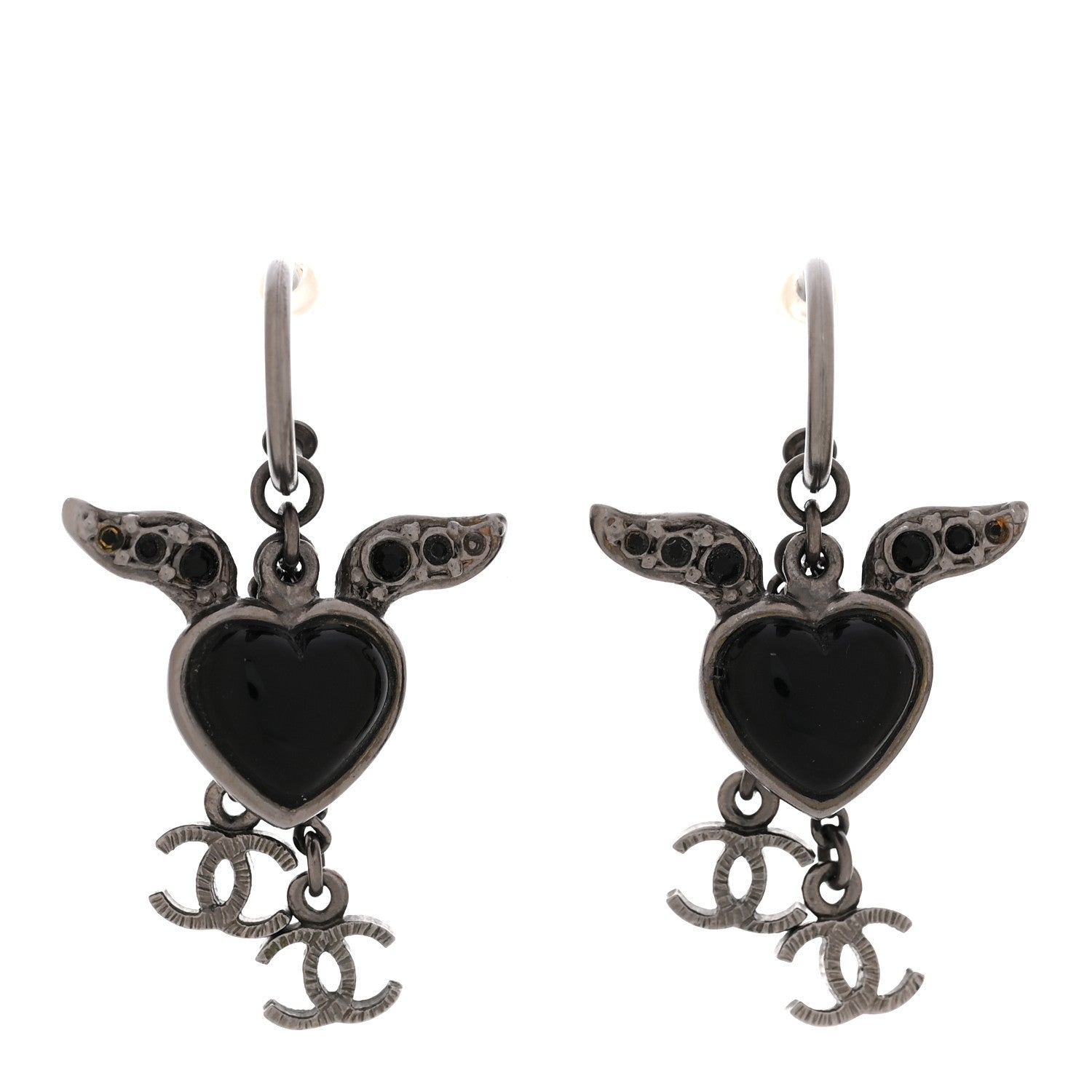 Chanel Enamel Crystal Heart Wing CC Drop Earrings Black Silver 1 of 6