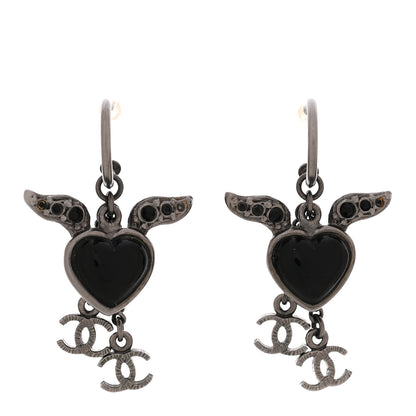 Chanel Enamel Crystal Heart Wing CC Drop Earrings Black Silver 1 of 6