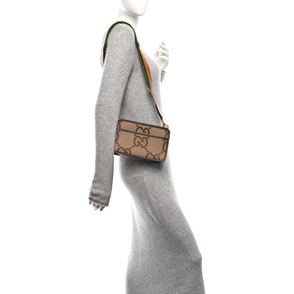 Gucci Monogram Jumbo GG Textured Dollar Calfskin Web Mini Crossbody Bag Camel Ebony New Acero 2 of 10