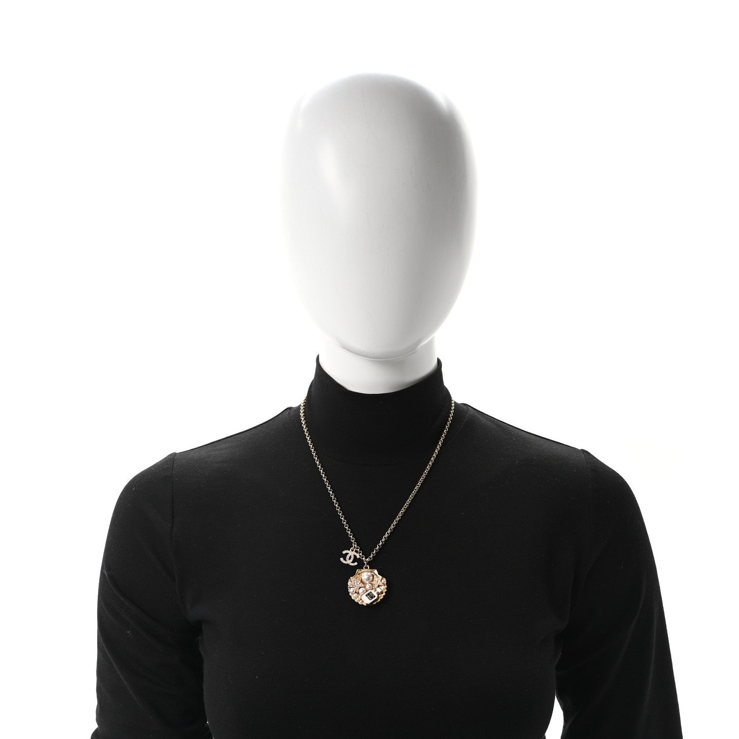 Chanel Metal Pearl Crystal CC Shell Necklace Gold 2 of 5