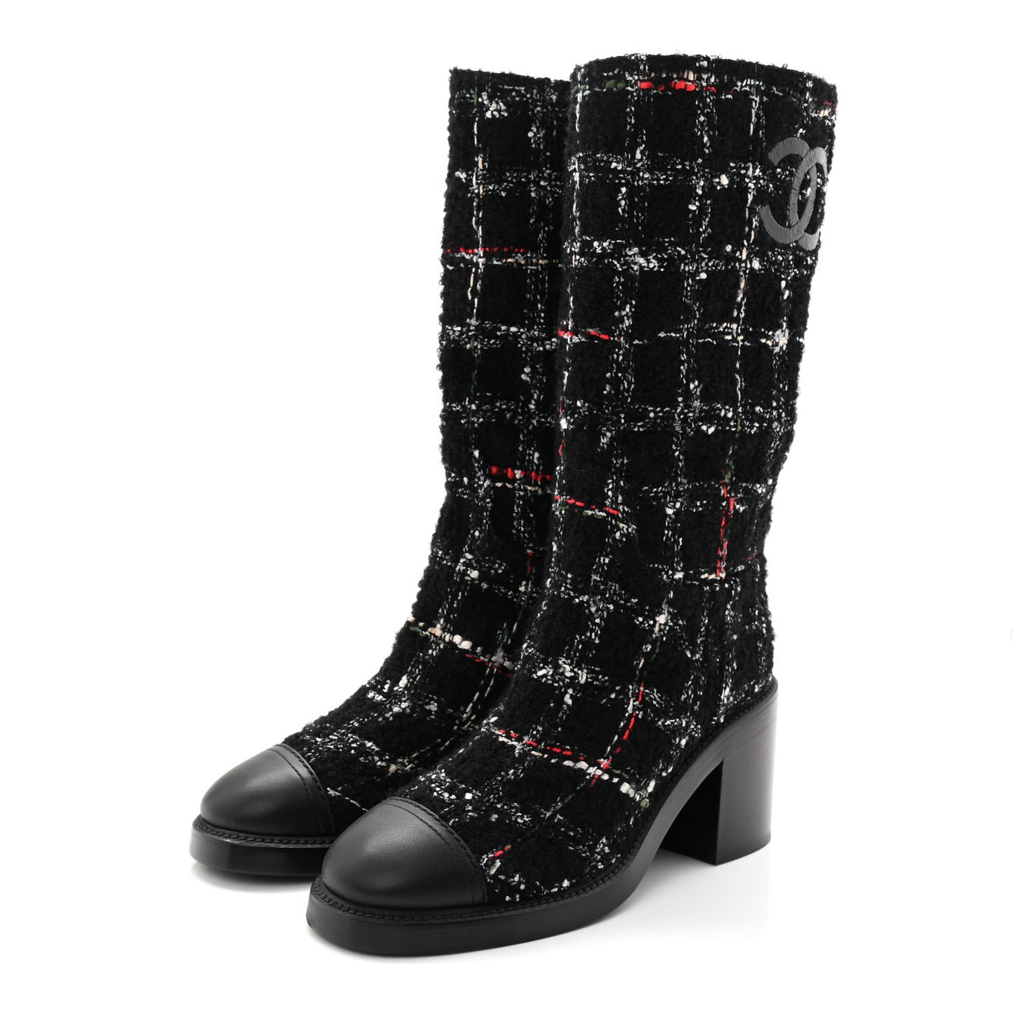Wool Tweed Calfskin Cap Toe High Boots 38.5 Black Multicolor