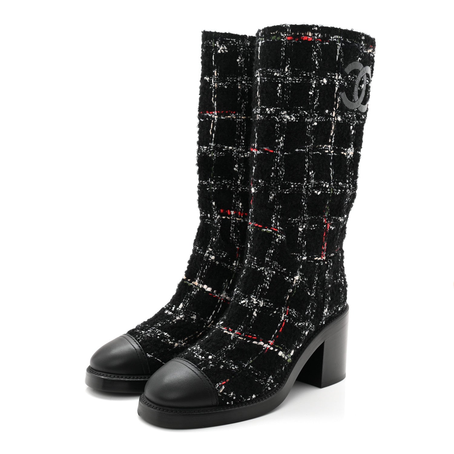 Chanel Wool Tweed Calfskin Cap Toe High Boots 38.5 Black Multicolor 3 of 10