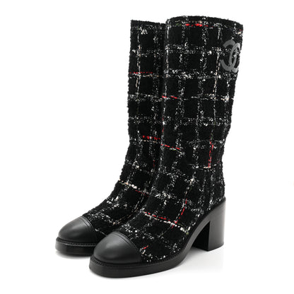 Chanel Wool Tweed Calfskin Cap Toe High Boots 38.5 Black Multicolor 3 of 10