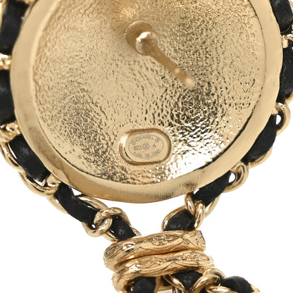 Chanel Metal Lambskin Quilted Medallion Drop Earrings Gold Black 4 of 4