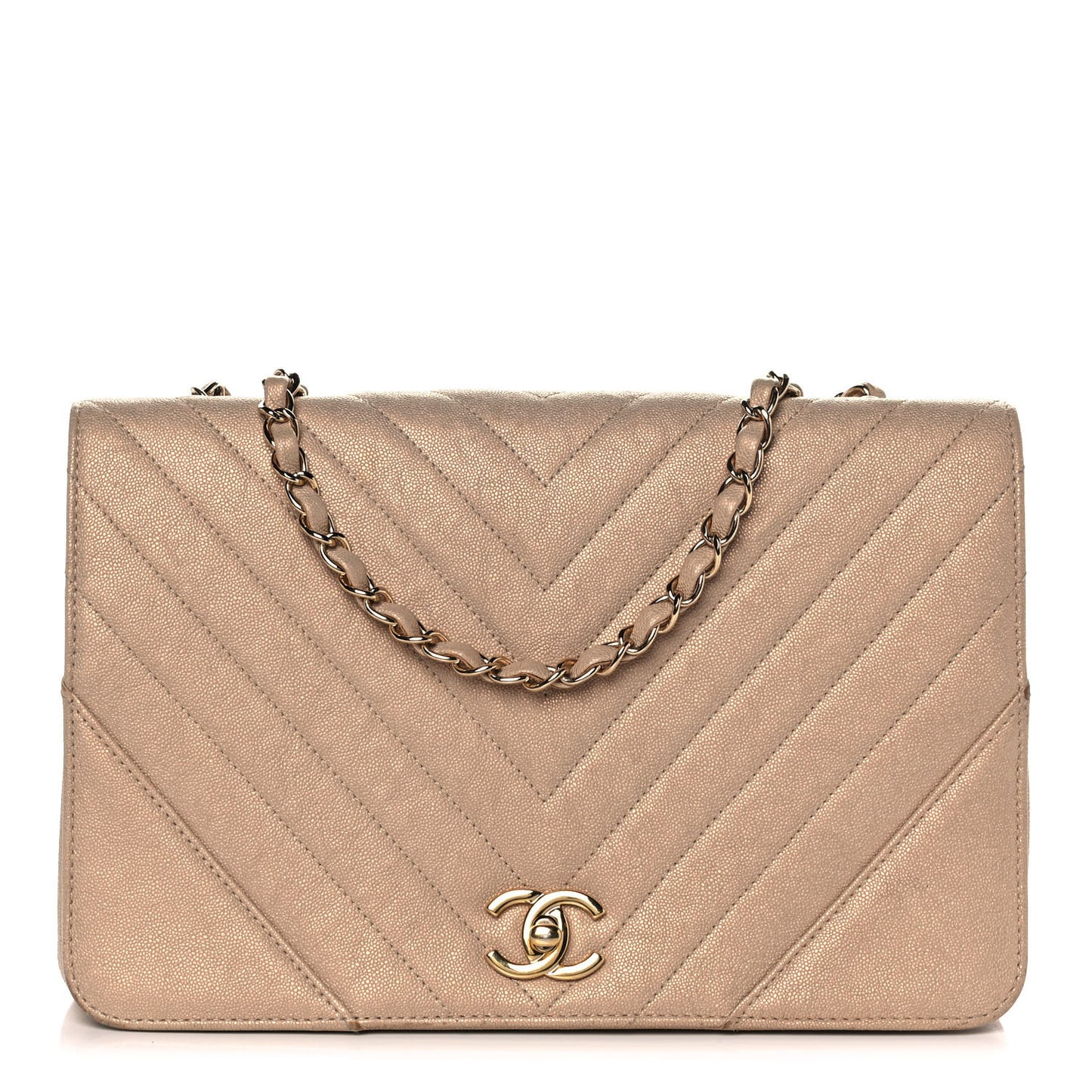 Metallic Caviar Chevron Quilted Medium Statement Flap Beige