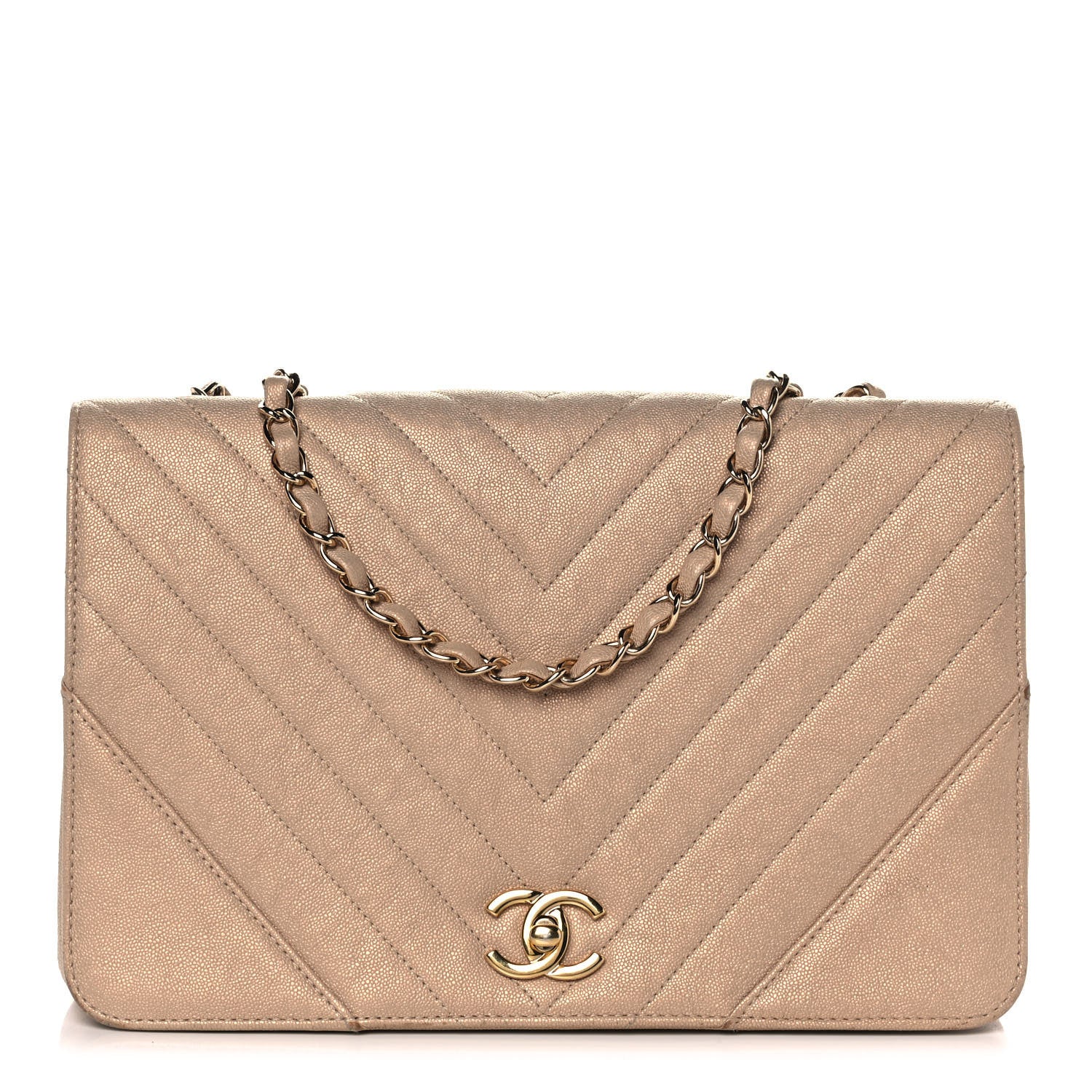 Chanel Metallic Caviar Chevron Quilted Medium Statement Flap Beige 1 of 12