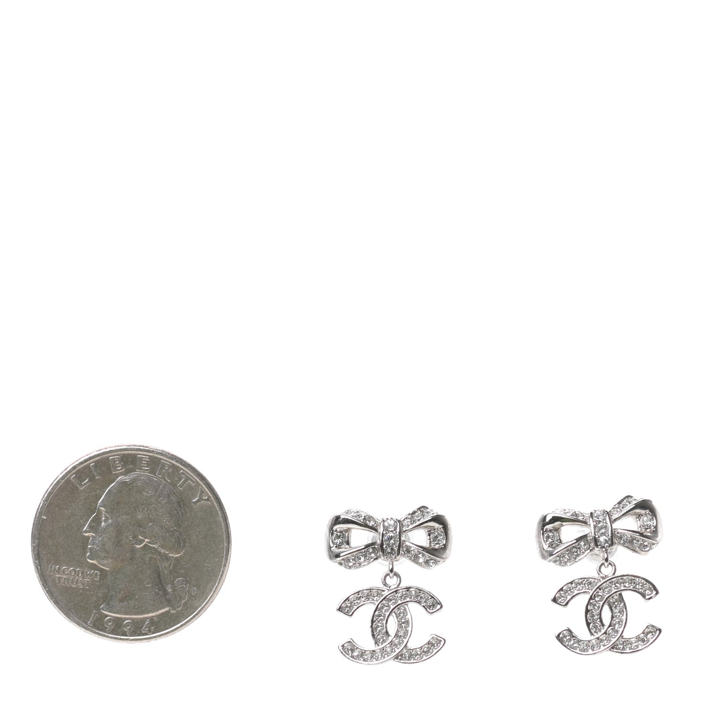 Crystal CC Bow Dangle Earrings Silver