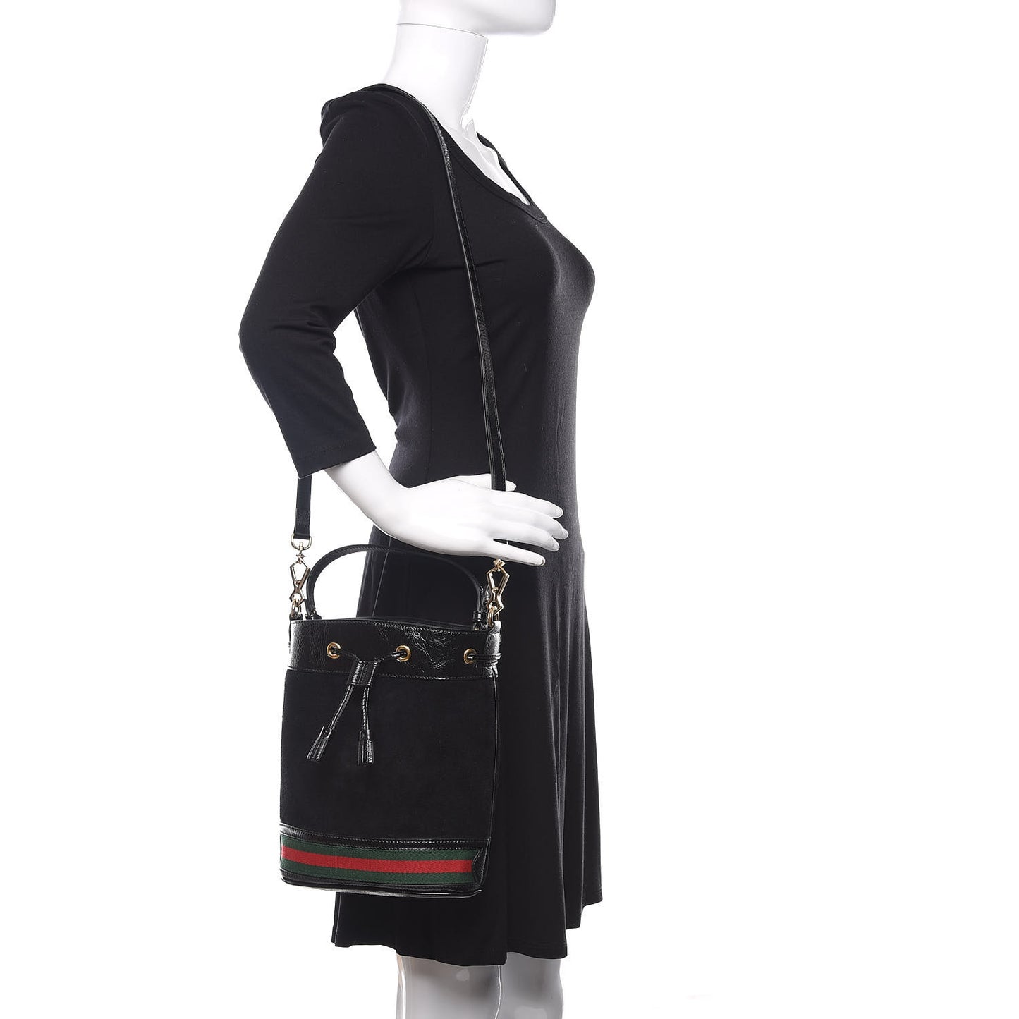 Suede Patent Web Small Ophidia Bucket Bag Black