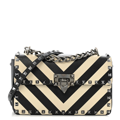 Valentino Garavani Vitello Chevron Medium Rockstud Flip Lock Crossbody Bag Light Ivory Black 1 of 14