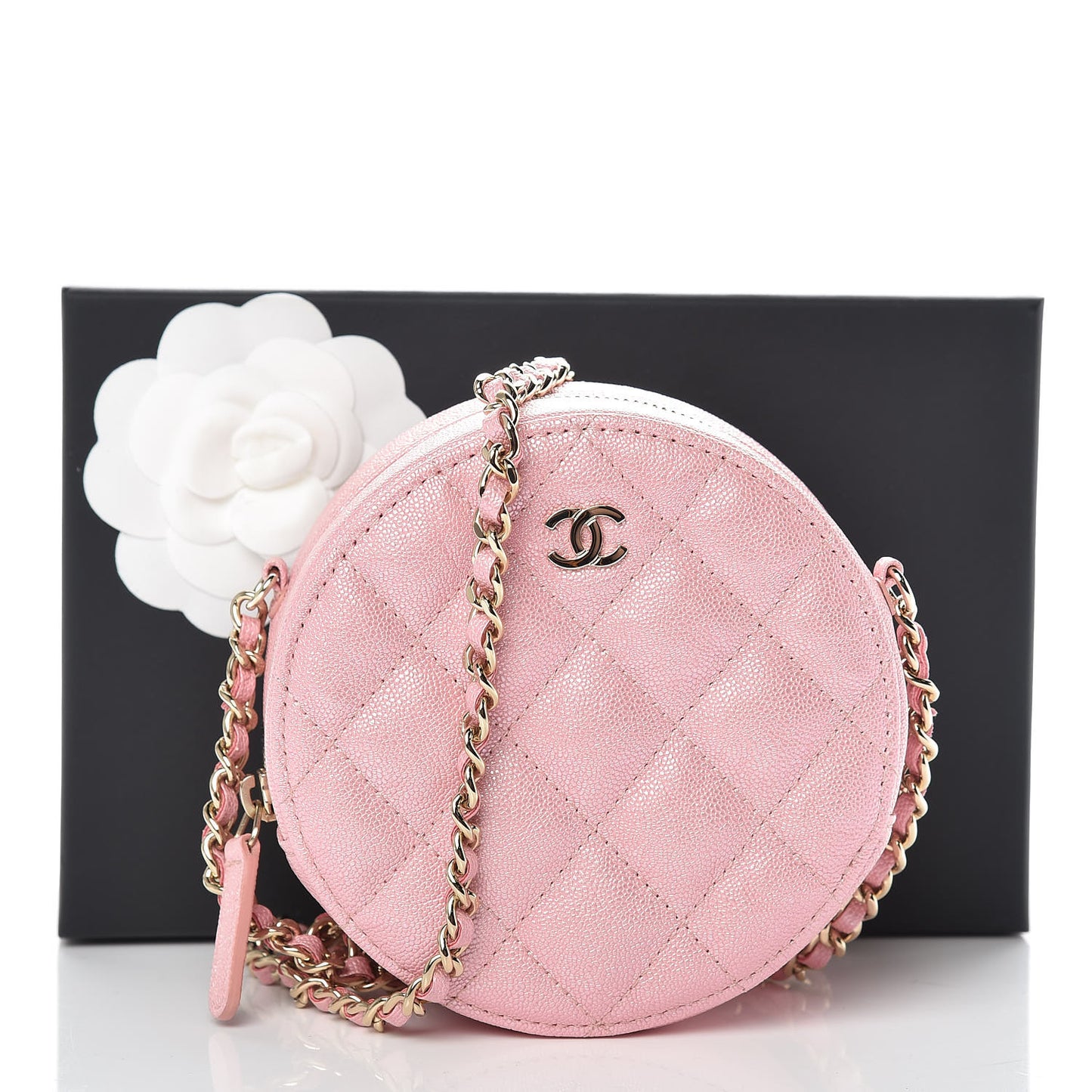 Iridescent Caviar Quilted Round Clutch With Chain Pink