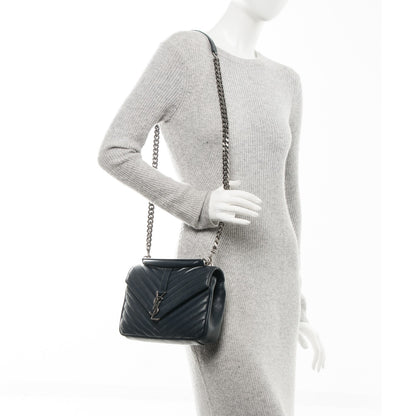 Saint Laurent Sheepskin Matelasse Chevron Monogram Medium College Bag Deep Marine 2 of 8