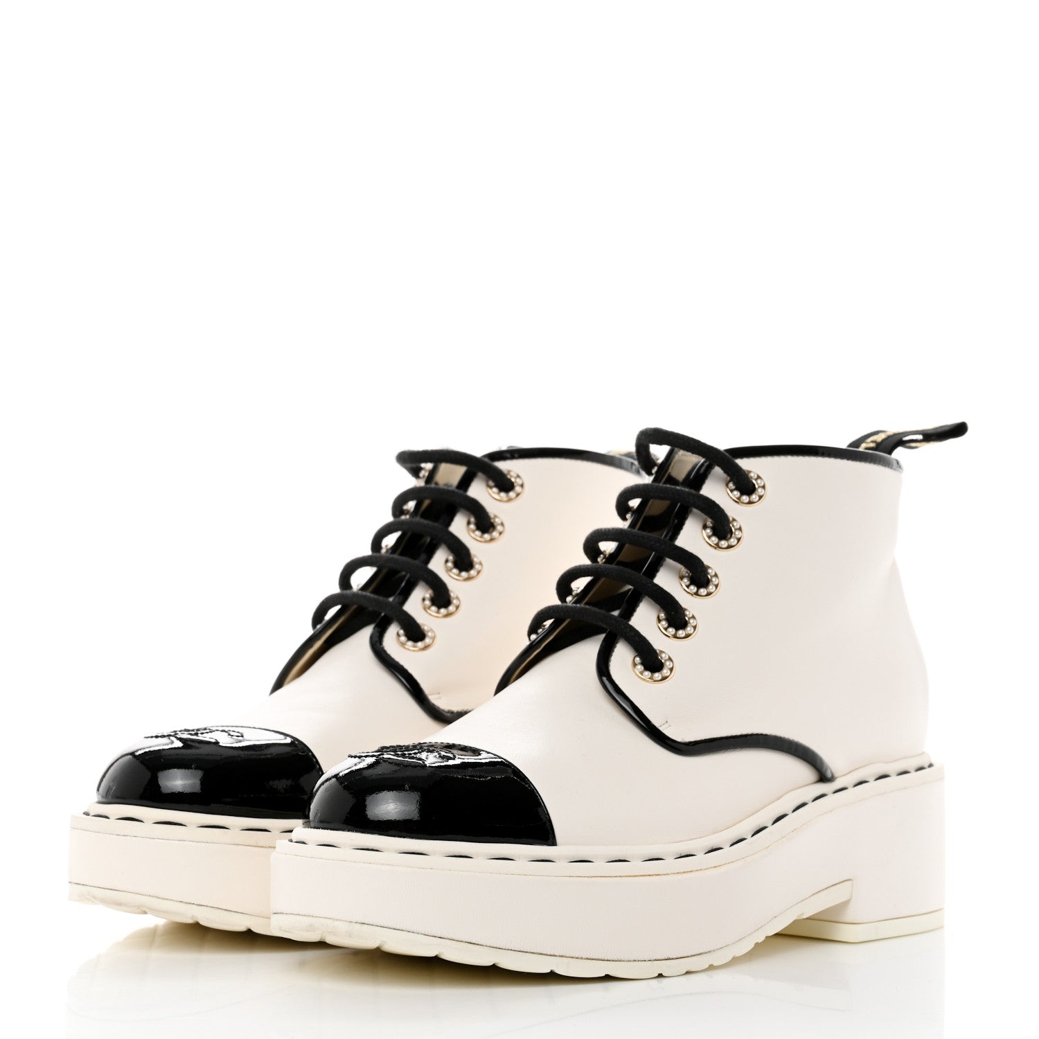 Chanel Lambskin Patent CC Cap Toe Pearl Short Boots 36.5 White Black 3 of 9