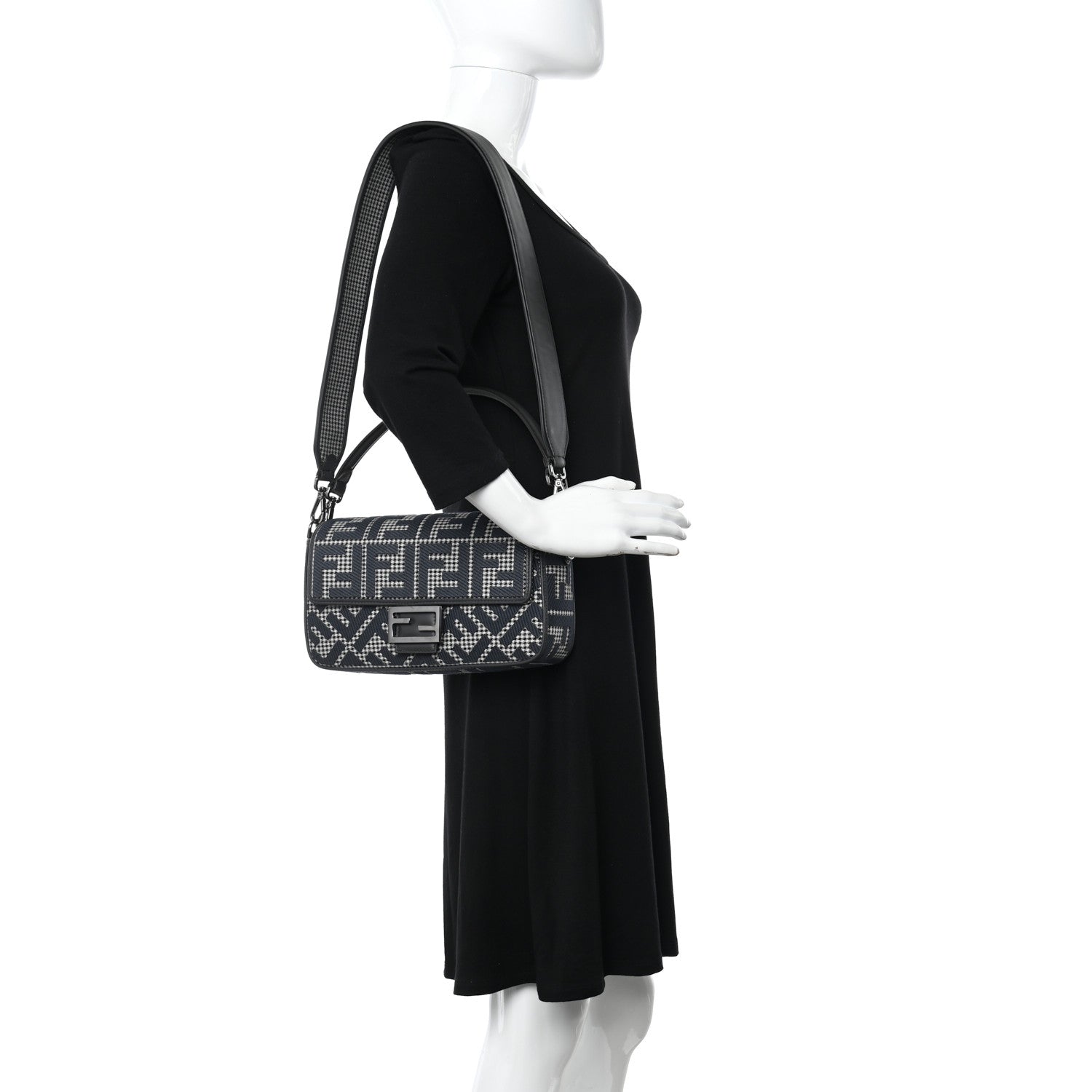 Fendi Wool Vitello King Houndstooth FF Embroidered Baguette Grigio Anthracite 2 of 8