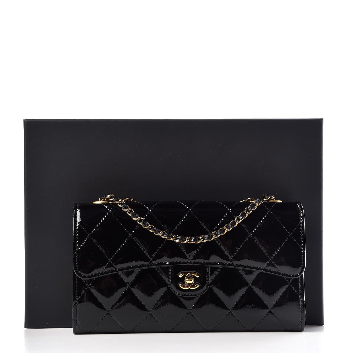 Patent Goatskin Quilted Small CC Eyelet Wallet On Chain WOC Black