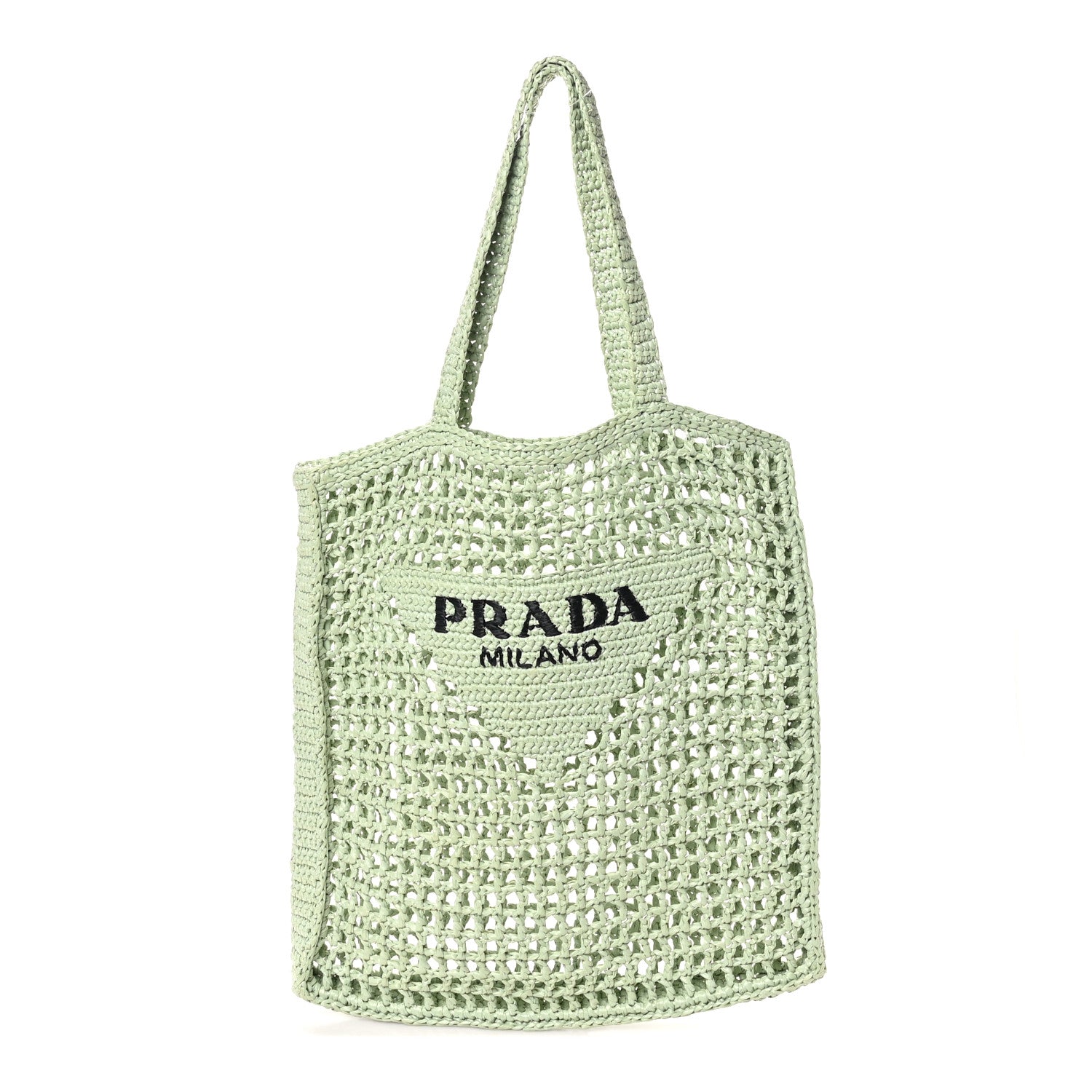 Prada Yarn Raffia Effect Crochet Logo Embroidered Tote Bag Acqua 1 of 9