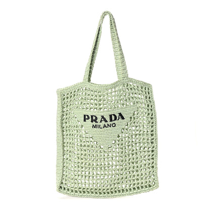 Prada Yarn Raffia Effect Crochet Logo Embroidered Tote Bag Acqua 1 of 9