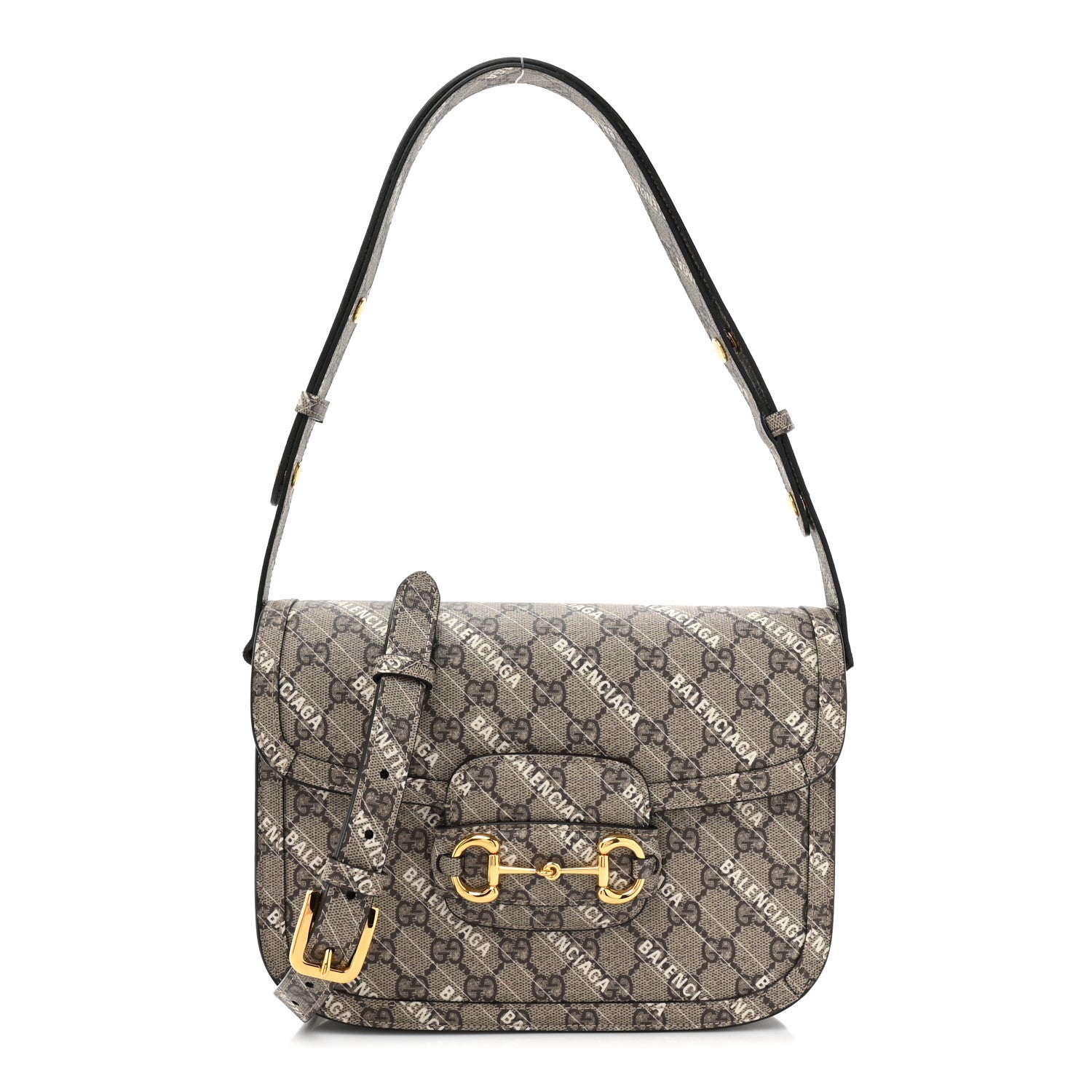 Gucci X BALENCIAGA GG Supreme Monogram Logo Print Horsebit 1955 Shoulder Bag Beige Ebony 1 of 10