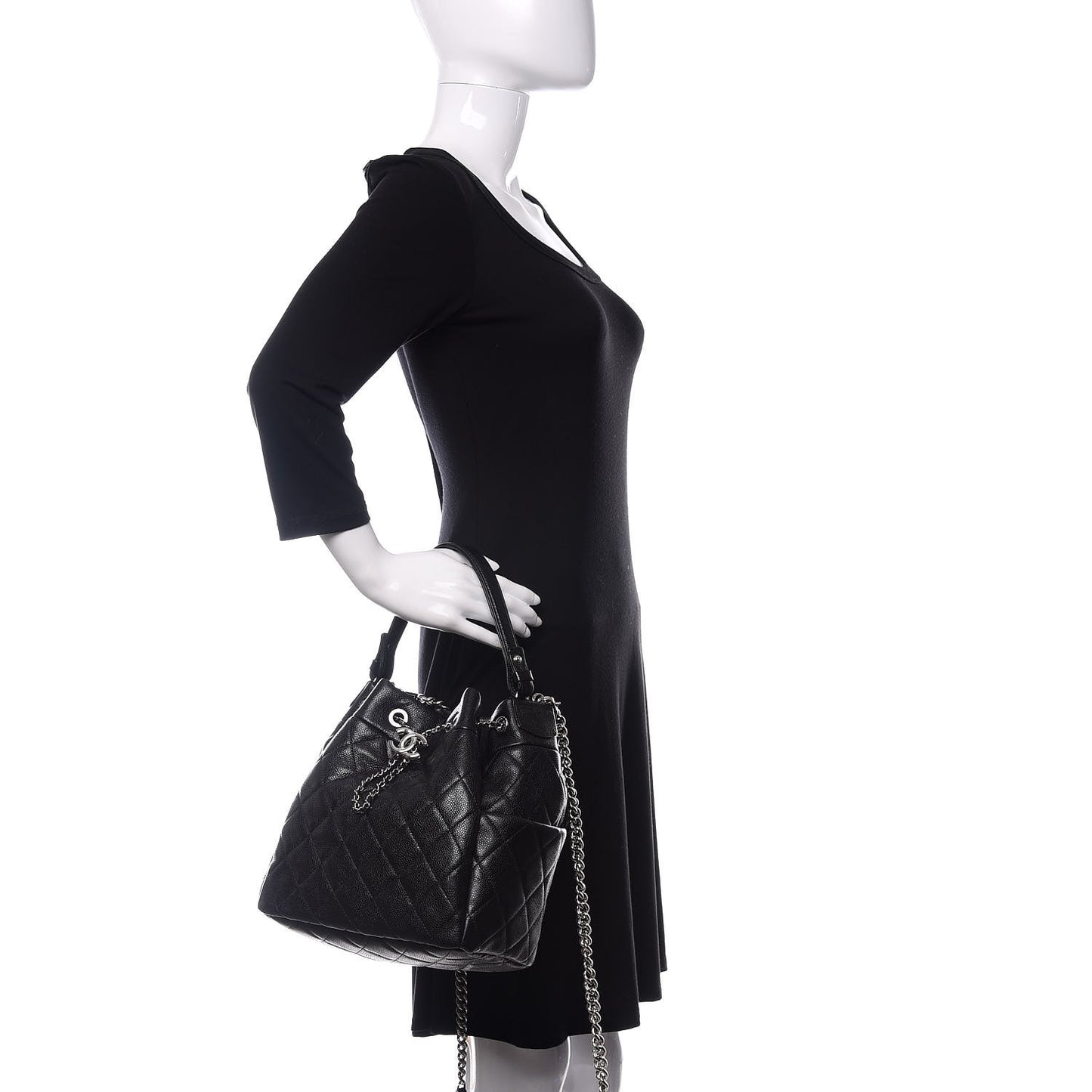 Grained Calfskin Quilted Medium CC Chain Bucket Drawstring Bag Black