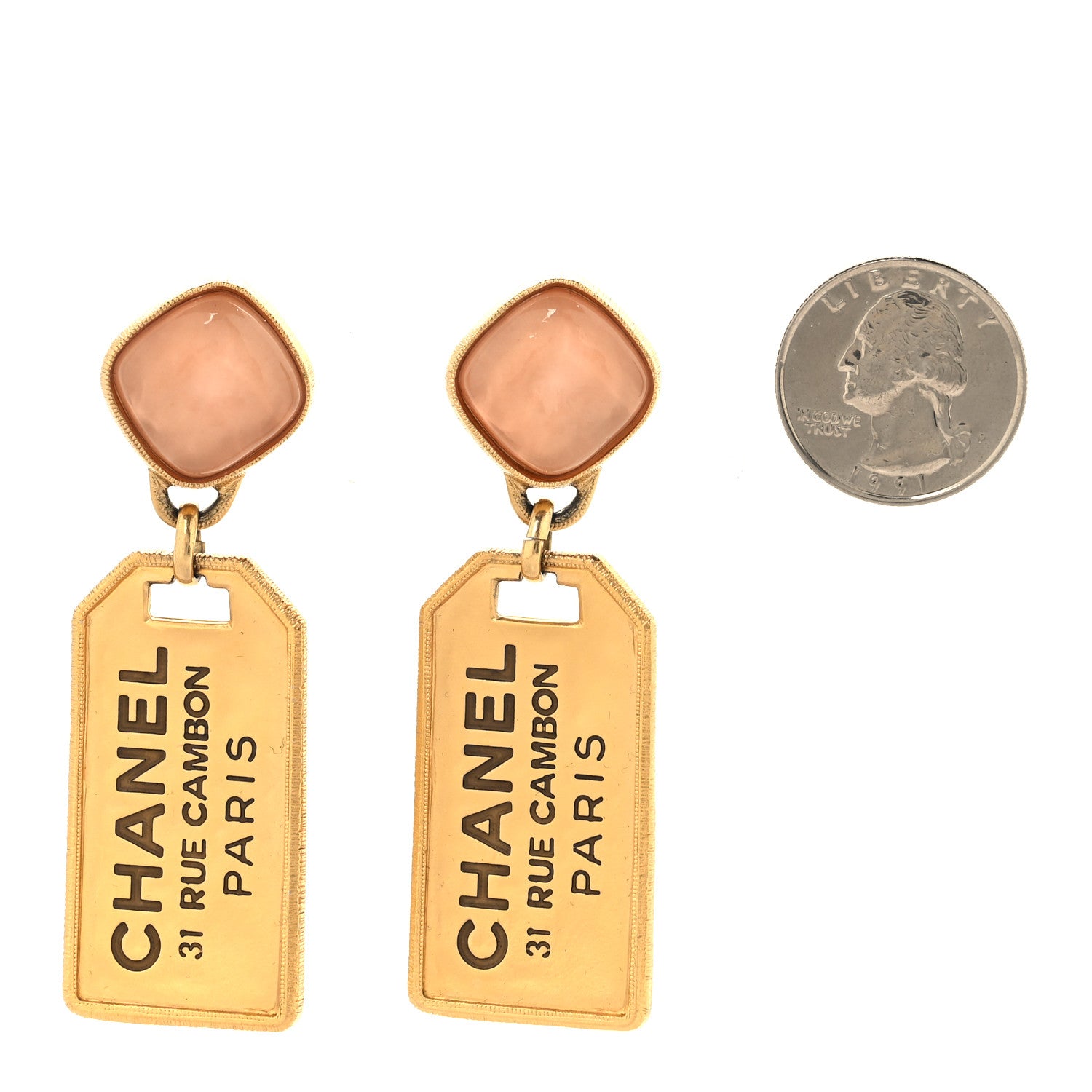 Chanel CC Tags Drop Earrings Gold Pink 2 of 5