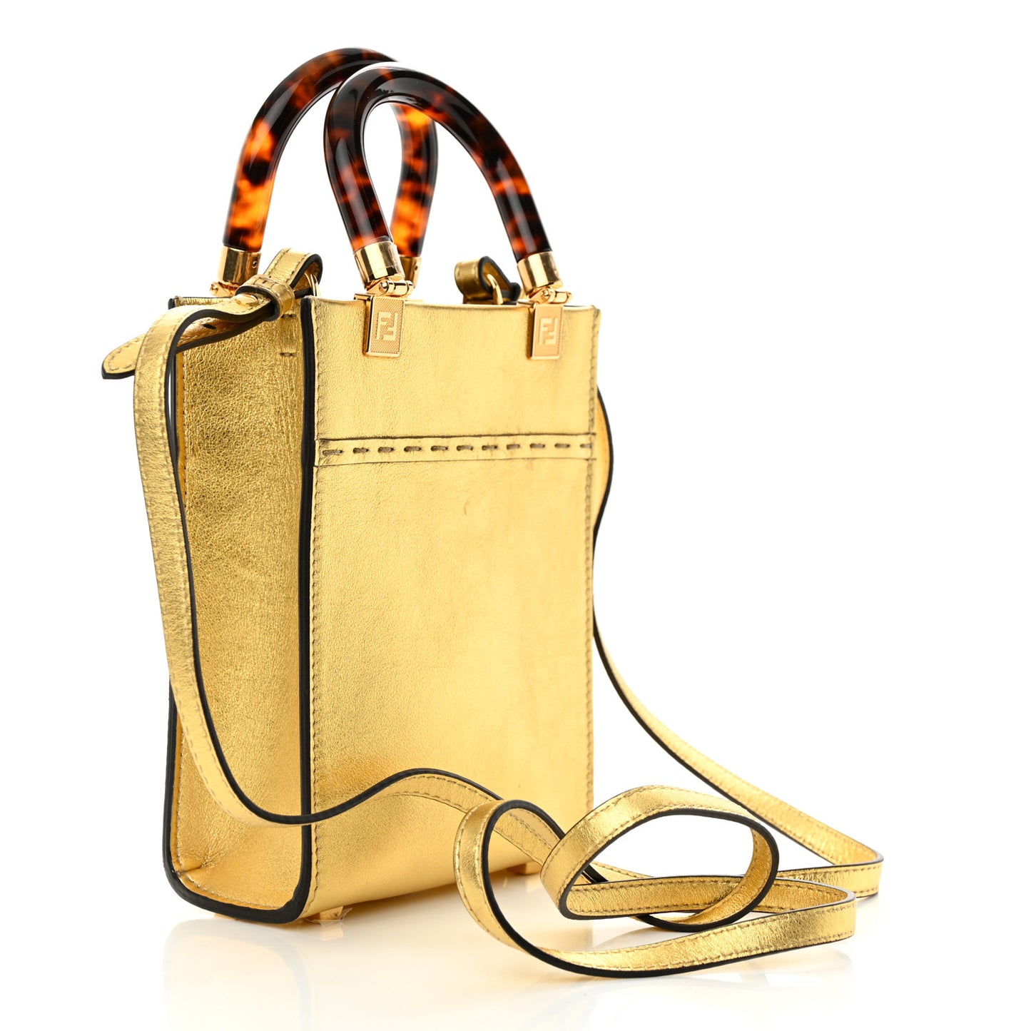 Vitello Catalan Mirror Plexiglass Mini Fendi Sunshine Shopper Tote Gold