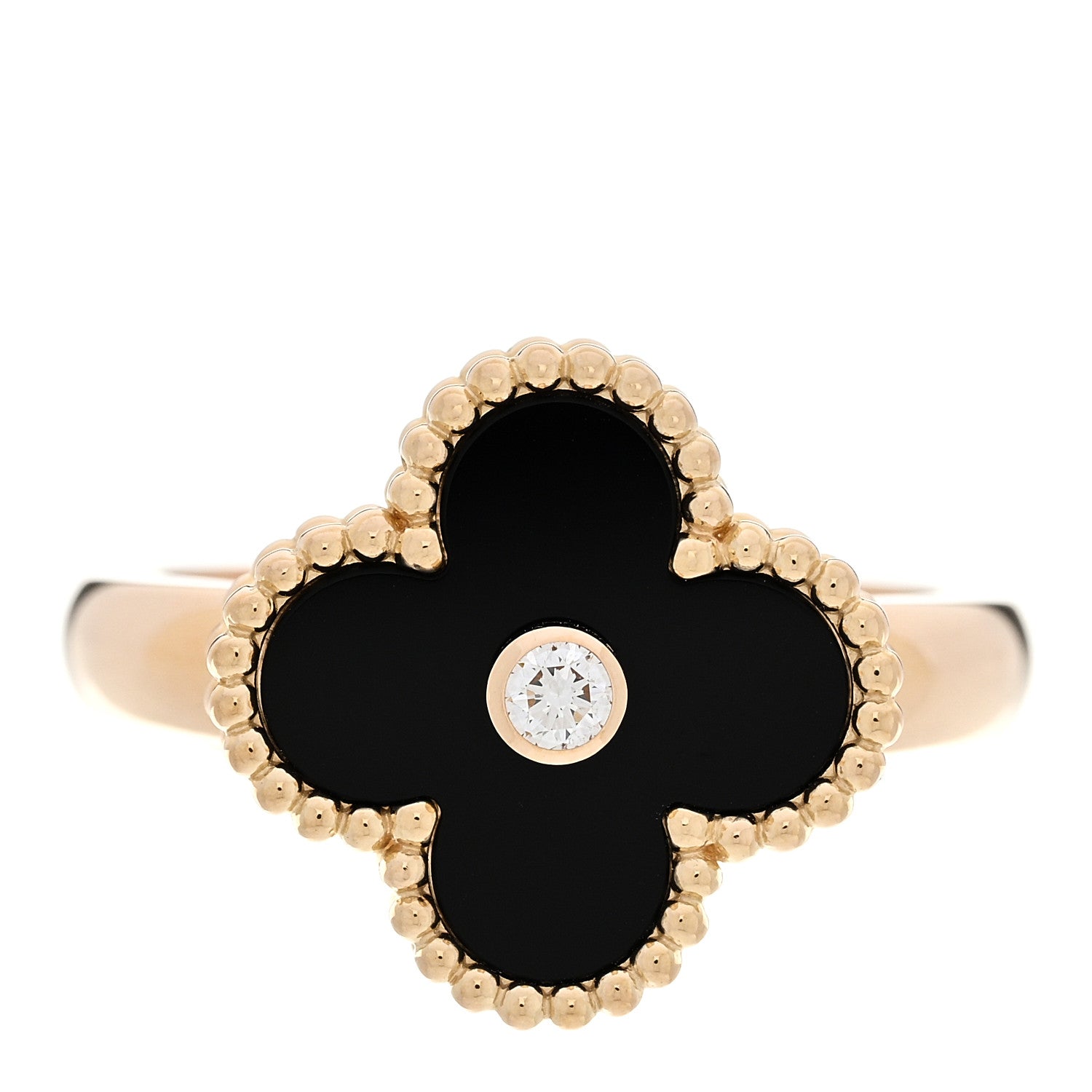 Van Cleef & Arpels 18K Yellow Gold Diamond Black Onyx Vintage Alhambra Ring 56 7.75 1 of 6