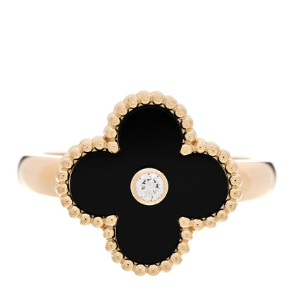 Van Cleef & Arpels 18K Yellow Gold Diamond Black Onyx Vintage Alhambra Ring 56 7.75 1 of 6