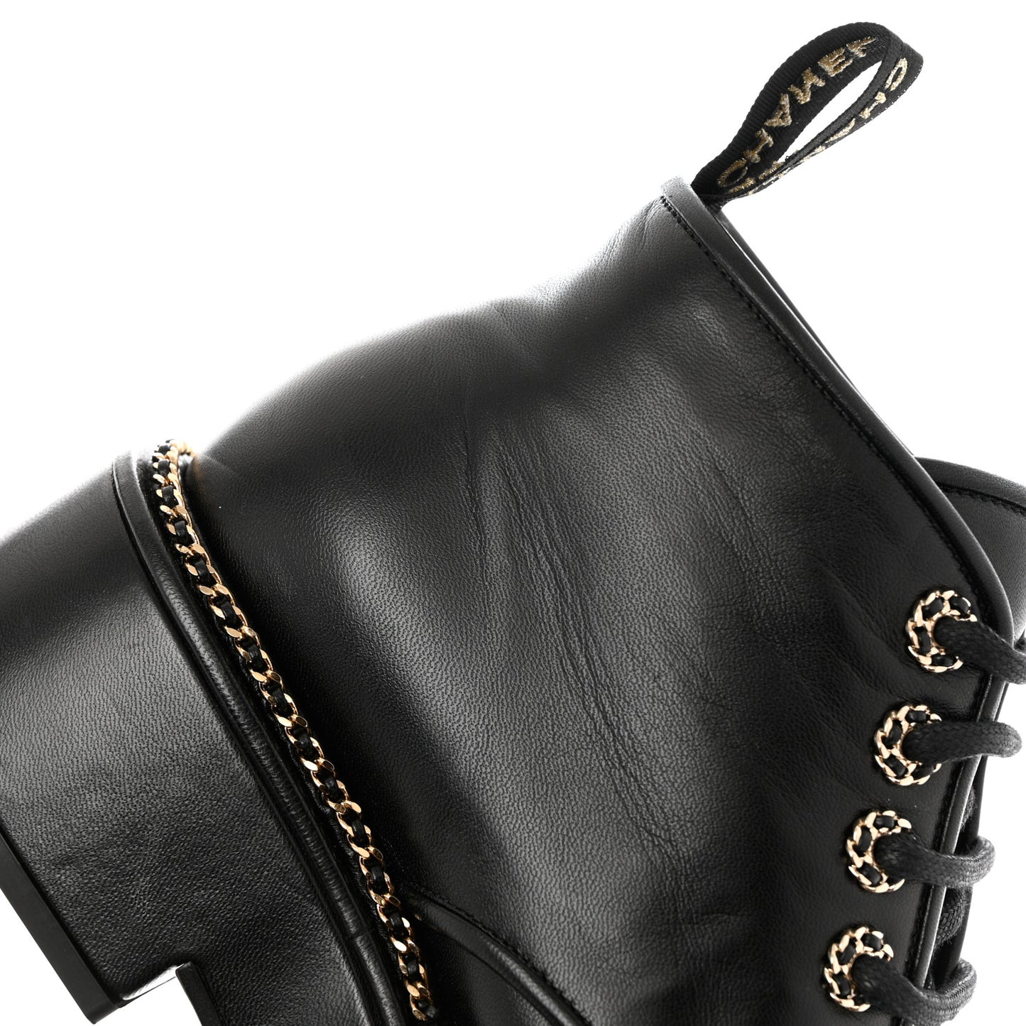 Calfskin Grosgrain Chain Lace Up CC Short Boots 38 Black