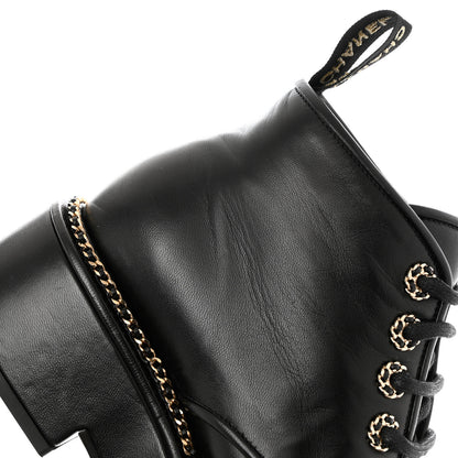 Chanel Calfskin Grosgrain Chain Lace Up CC Short Boots 38 Black 11 of 11