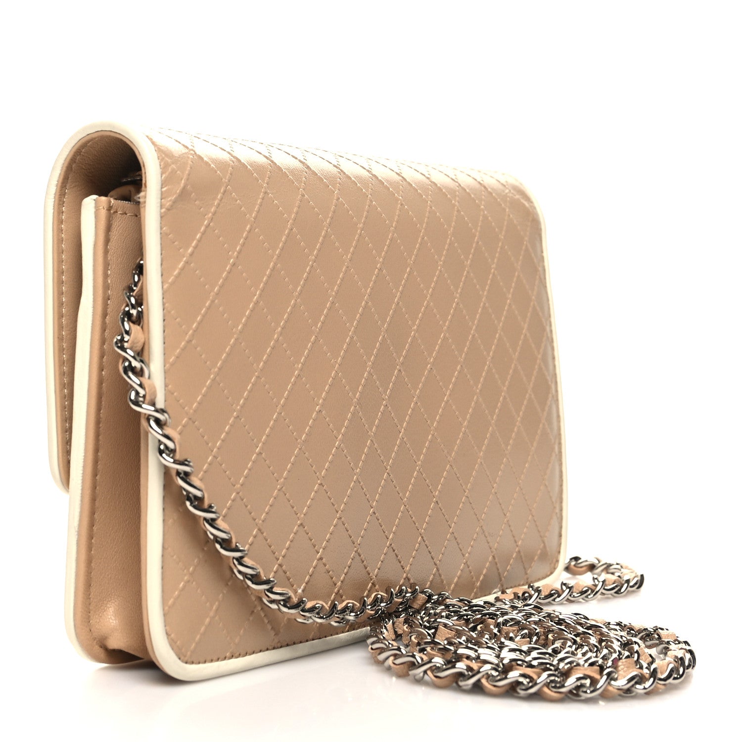 Chanel Grained Calfskin Diamond Stitched Wallet On Chain WOC Beige White 2 of 12