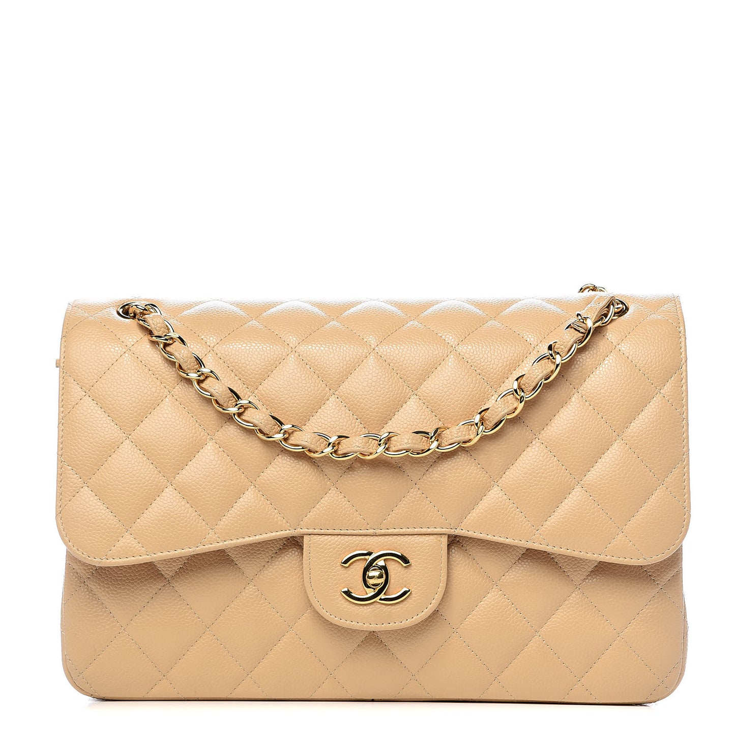 Caviar Quilted Jumbo Double Flap Beige Clair