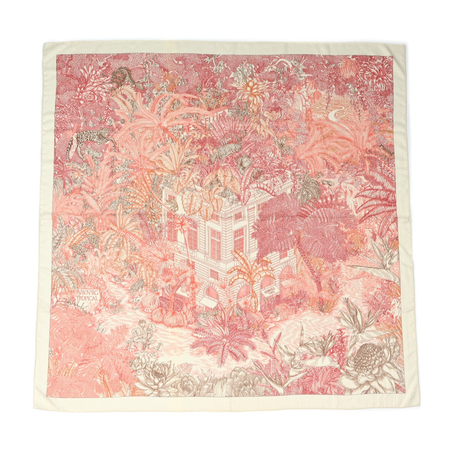 Hermes Cashmere Silk Faubourg Tropical Shawl 140 White Rouge Corail 1 of 5