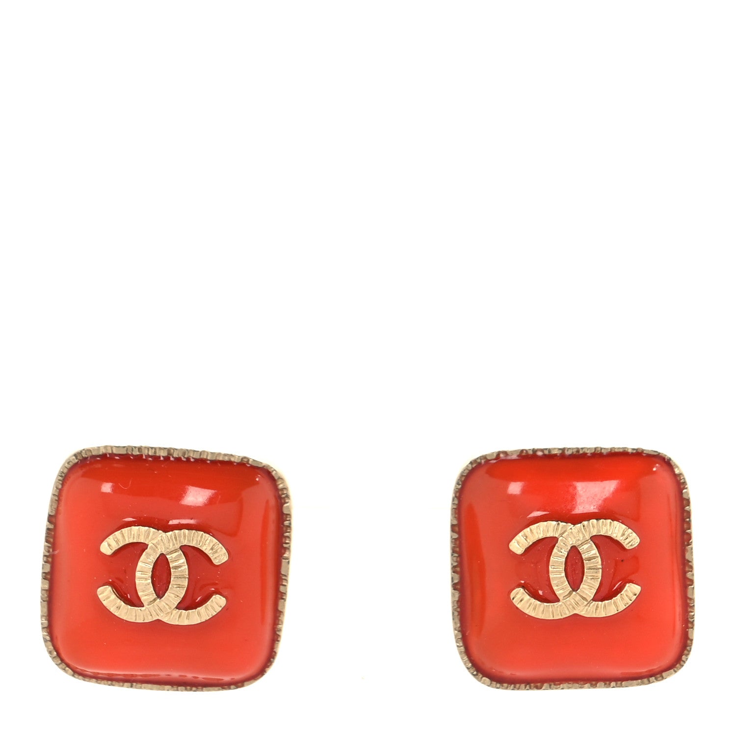 Chanel Metal Enamel CC Square Earrings Orange 1 of 5