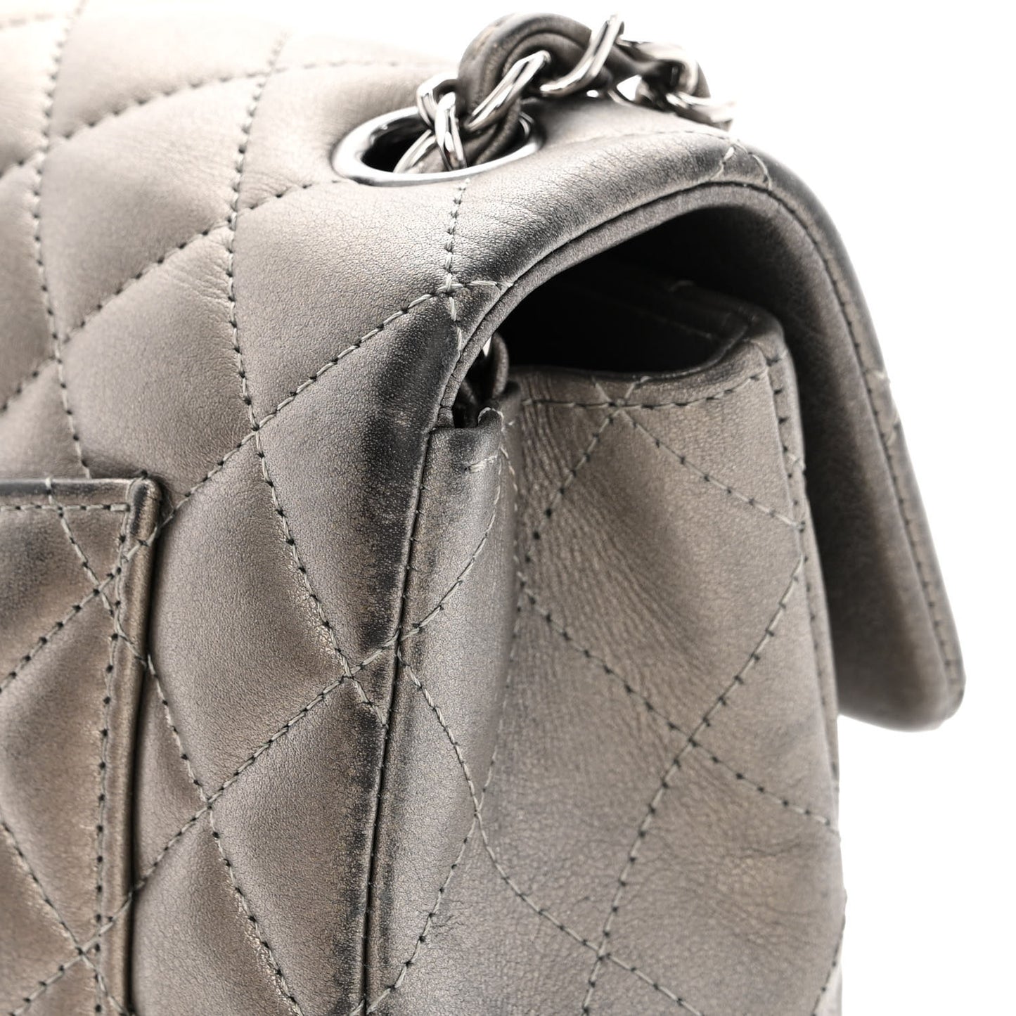 Metallic Calfskin Quilted Mini Rectangular Flap Ruthenium