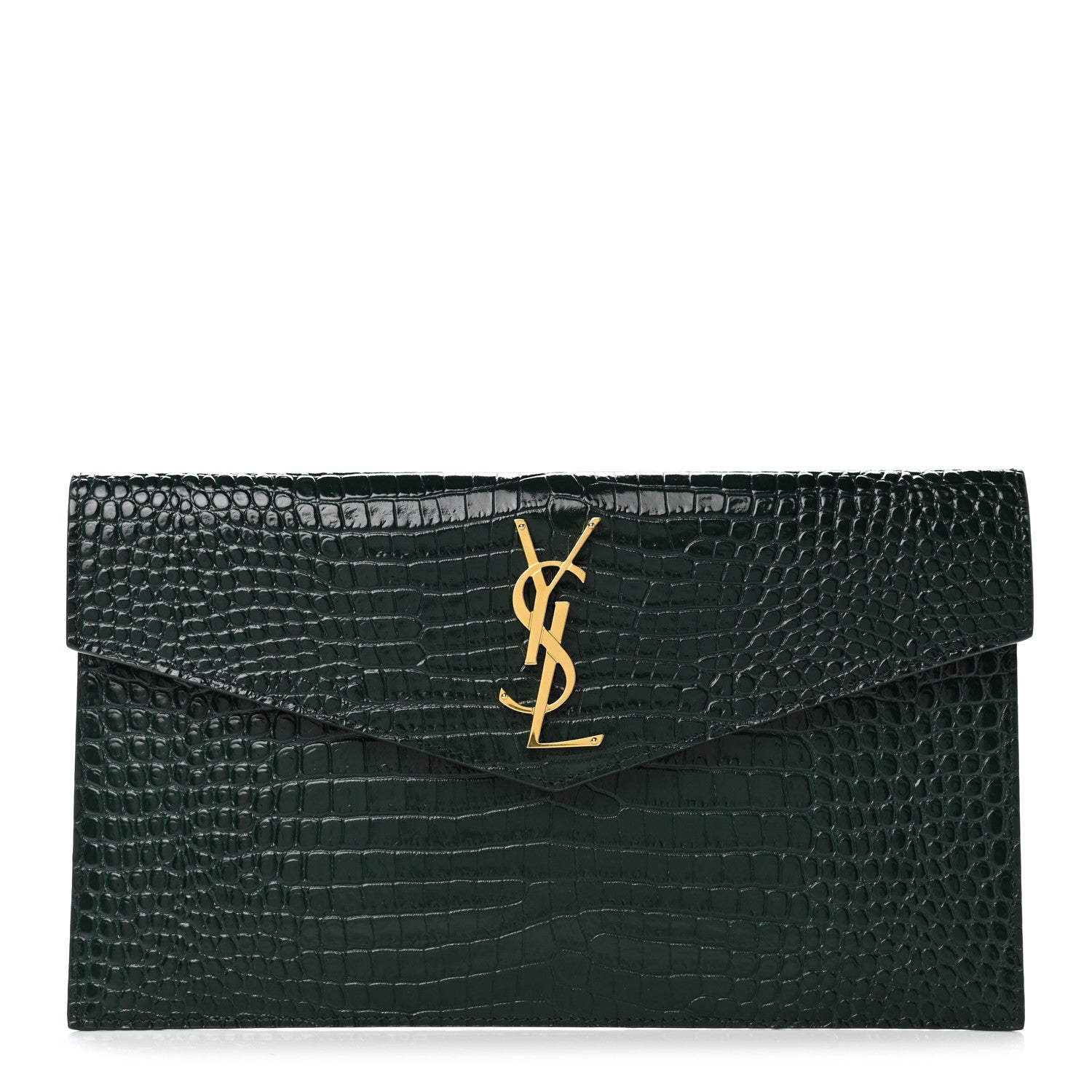 Saint Laurent Calfskin Crocodile Embossed Uptown Monogram Pouch Mint 1 of 9
